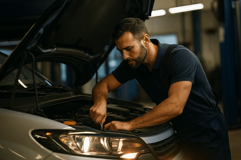 man fixing car engine