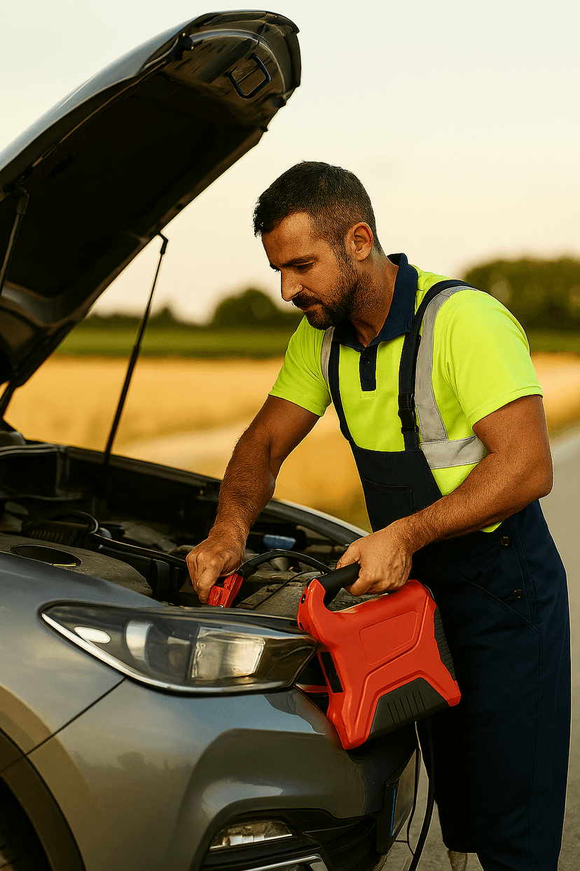 man jump starting car